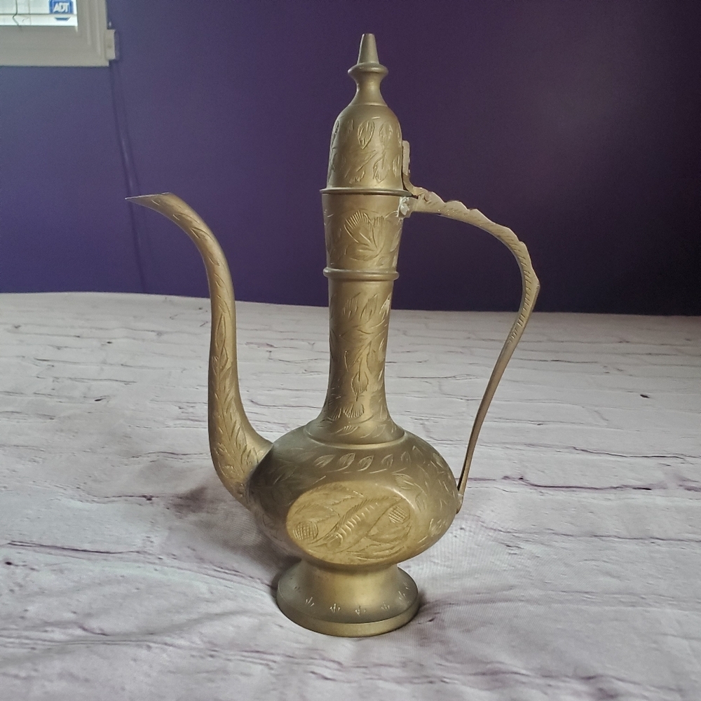 Original Etched Brass Oil Pitcher Teapot or Coffee Pot Stamped India Vintage